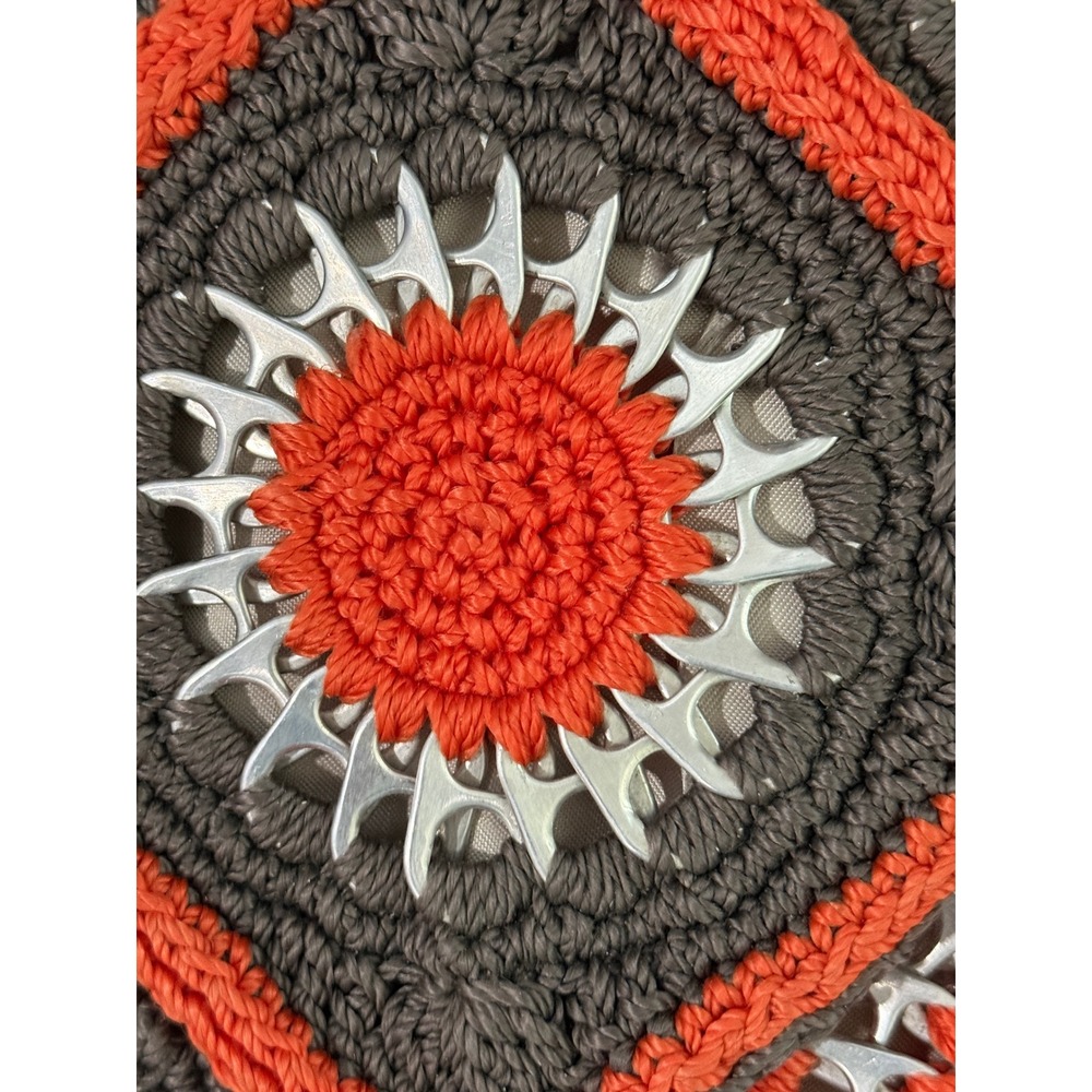 Handmade Crochet Soda Pop Tab Bag‎ Orange Gray Boho Granny Square Lined Tote - Picture 2 of 7